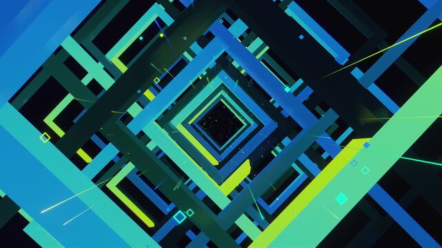 4k VJ loop of abstract geometric tunnel with square corridor frames. Dynamic stage backdrop for electronic music festivals, dancefloors, club events, rave parties, and shows.