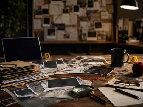 Criminal Investigation, Detective Desk with Evidence Board, Photos, Folder, Ball of Red String with Map, Yellow Evidence Markers, Magnifying Glass, Pen