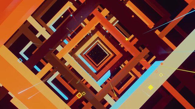 4k VJ loop of abstract geometric tunnel with square corridor frames. Dynamic stage backdrop for electronic music festivals, dancefloors, club events, rave parties, and shows.