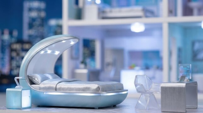 Futuristic Miniature Design: Futuristic bedroom arranged inside an elaborate dollhouse with miniature furniture 