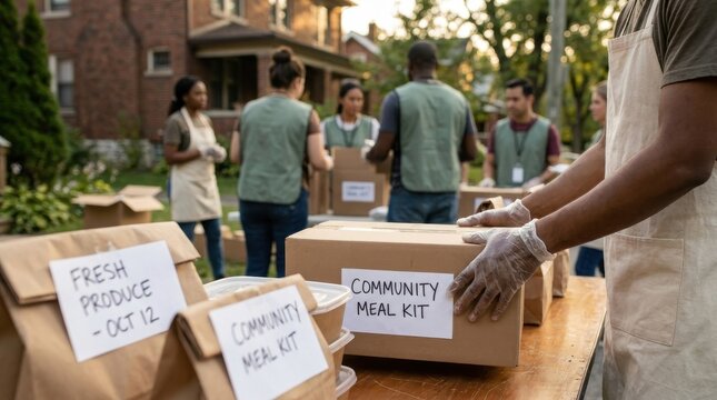 Collective Giving: Community volunteers organizing meal collections and food donations in a neighborhood environment 