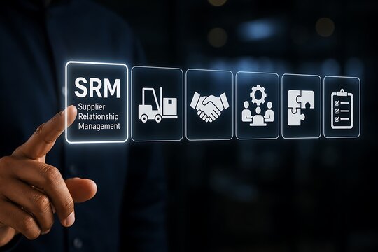 Hand pointing to srm supplier relationship management concept with icons