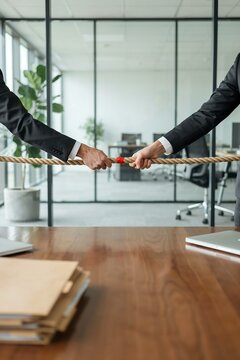 Two businessmen pulling a rope in an office setting