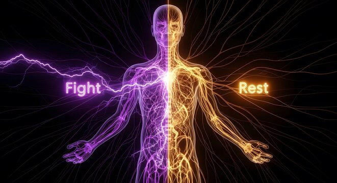 Conceptual illustration representing the sympathetic and parasympathetic nervous systems as fight or rest states in the human body.