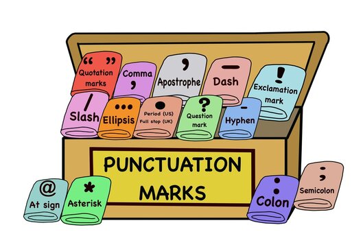 Colorful hand-drawn educational illustration of punctuation marks displayed on a classroom board, featuring common English symbols for grammar lessons, teaching materials, worksheets, ESL education
