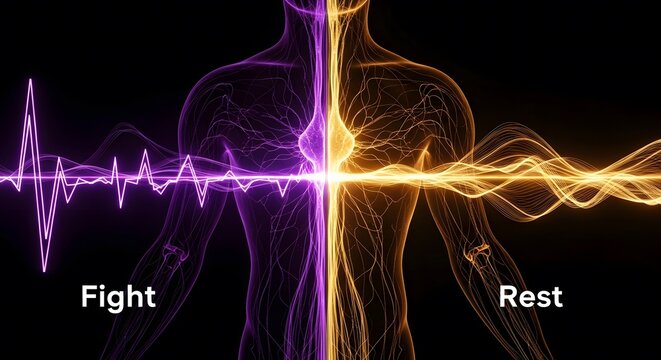 A conceptual illustration contrasting the fight or flight response and rest state within the human nervous system.