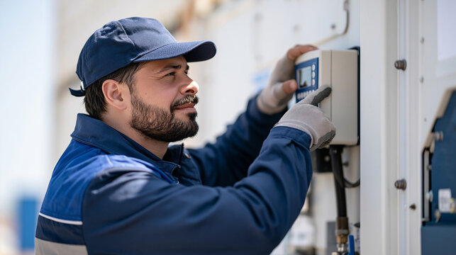 Electronics mechanic checking the digital refrigeration controller on a reefer container during routine inspection in a cargo yard, bright daylight and clear technical details, electronics