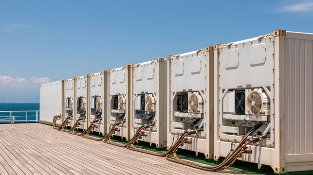 Multiple reefer containers connected to electrical power points along a cargo ship deck, orderly cables and cooling fans under bright clear daylight, reefer containers, power supply, cargo