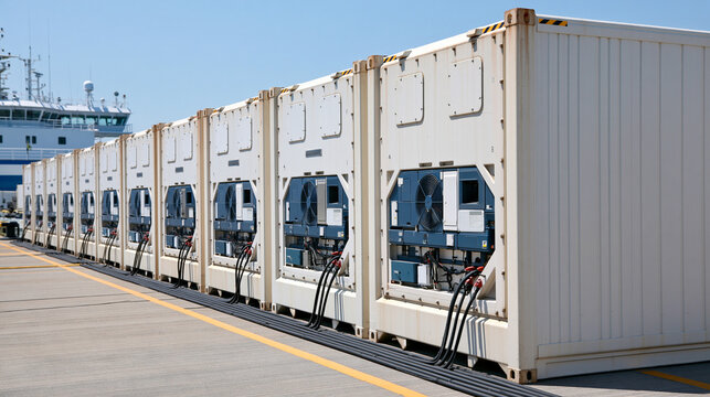 Multiple reefer containers connected to electrical power points along a cargo ship deck, orderly cables and cooling fans under bright clear daylight, reefer containers, power supply, cargo