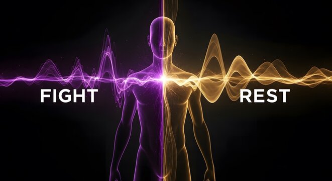 A dual-toned digital visualization representing human physiology contrasting fight or flight versus rest and digest states.