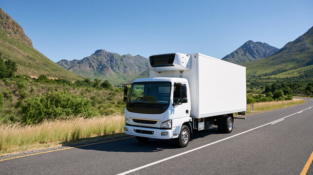 Efficient white refrigerated cargo truck traveling through a scenic mountain highway in crisp bright daytime rather than sunset, clean sustainable transport concept, refrigerated truck,