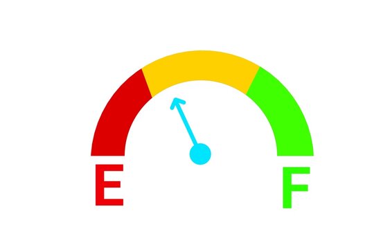 Colorful E to F gauge meter with needle indicator representing energy, fuel, performance, or resource level