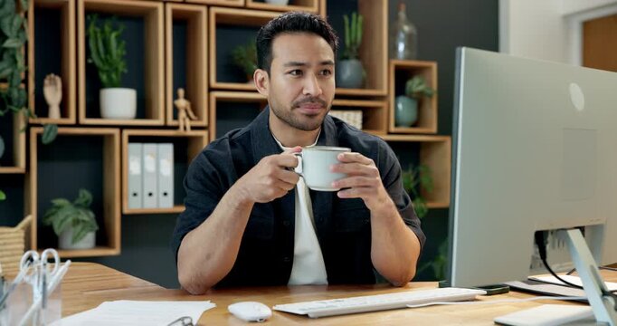 Businessman, drinking and computer with coffee in office for productive day or warm beverage. Man, employee or waiting for online response with caffeine, cup or mug for business email or feedback