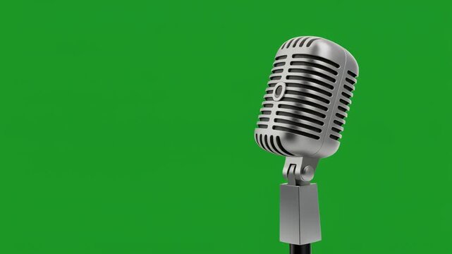 Vintage microphone rotating on green screen with dramatic lighting and copy space for broadcast