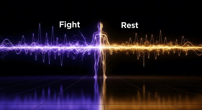 Fight and rest balance illustration with human body and energy waves.