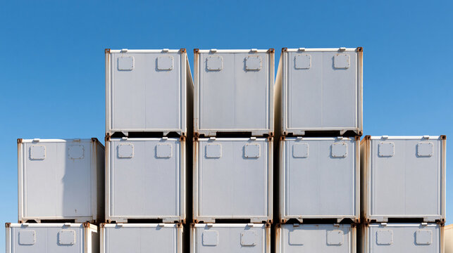 White refrigerated containers with plain blank sides stacked against a clear blue sky, generic cooling units emphasizing global cold-chain logistics in bright daylight, reefer containers,