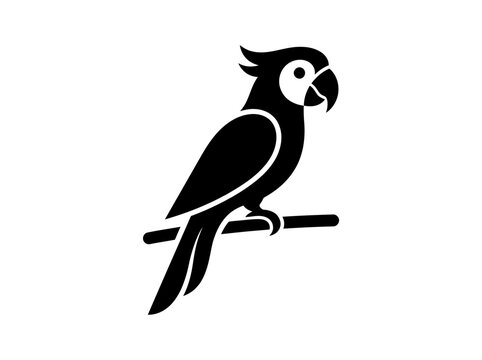 Minimalist vector illustration of a parrot sitting on a branch created with bold black shapes style