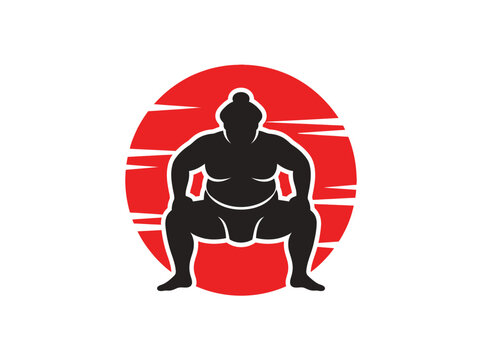 Sumo wrestler silhouette posed within a bold red circle creating a traditional japanese vector graphic illustration