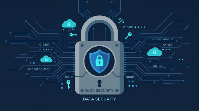 Futuristic digital padlock securing cyber data with glowing security shield and binary code background