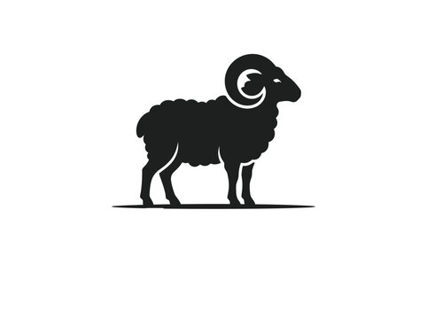 Minimalist black silhouette vector illustration of a majestic ram standing proudly for creative branding logo design