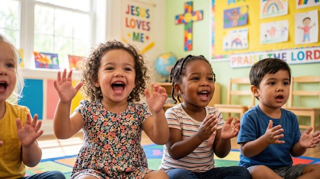 Diverse children clapping and singing in a Sunday school classroom. Christian preschool kids with faith-based wall decorations and banners