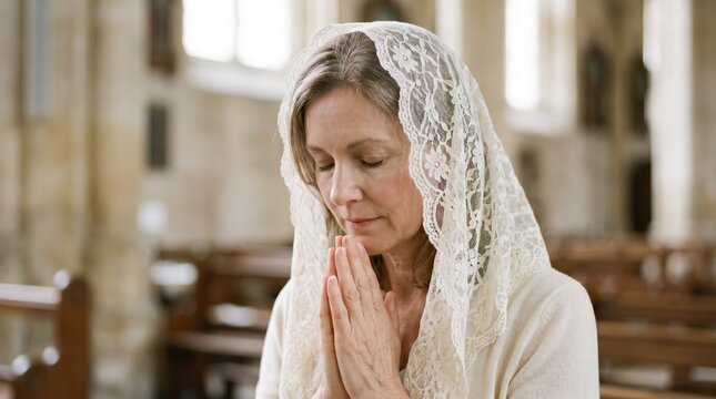 Woman praying with closed eyes wearing a white lace veil. Catholic female with mantilla in church. Christian devotion and prayer concept