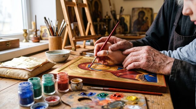 Master guiding student hand to paint religious icon. Traditional iconography workshop with gold leaf and tempera paints