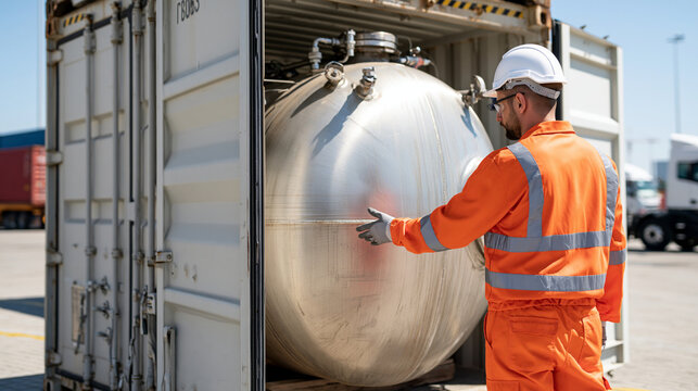 Safety worker in protective equipment carefully inspecting a sealed industrial tank inside a shipping container at a loading yard, neutral hazardous-material handling concept with no