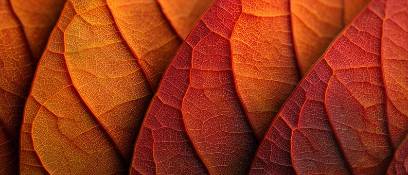 Macro detail shot of overlapping warm red and orange autumn leaves showing intricate veins