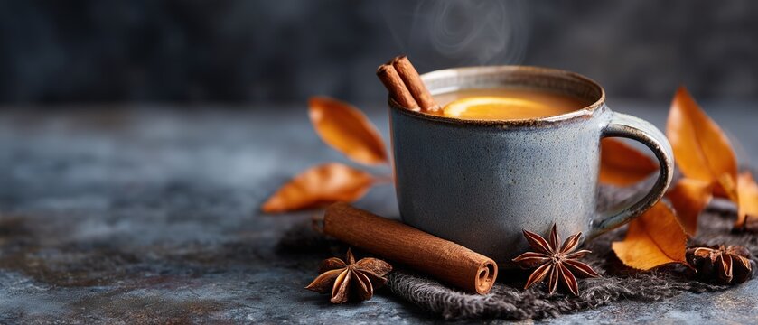 Hot spiced tea with orange slice and cinnamon sticks in blue ceramic cup on dark table