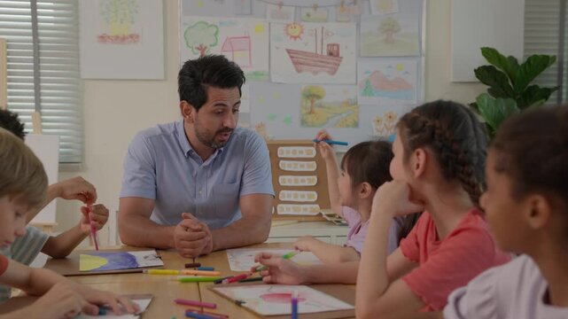 Family Drawing at Home with Father and Child Creating Colorful Artwork, Supportive Classroom Teacher Guiding Creative Children Together Through Collaborative Art Learning, Engaging Education Scene
