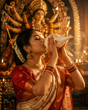 Devotional Durga Puja celebration with woman blowing conch before goddess idol in festive temple setting