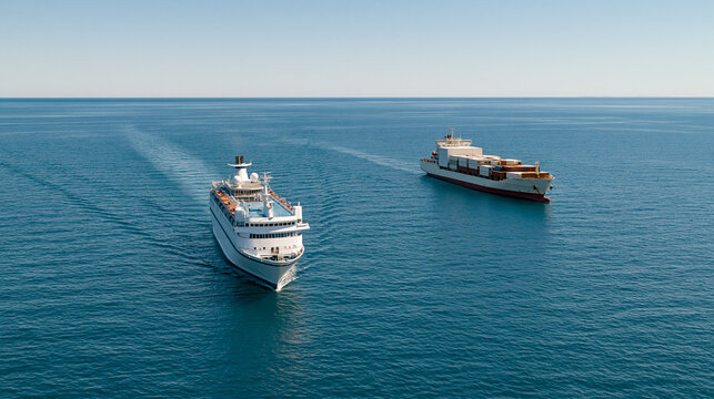 Modern passenger vessel passing a refrigerated cargo ship in open coastal waters, both unbranded and photographed in clear bright daylight, maritime transport, refrigerated cargo ship,