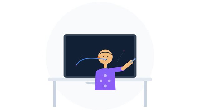 Cartoon teacher pointing at a blackboard in a classroom.
