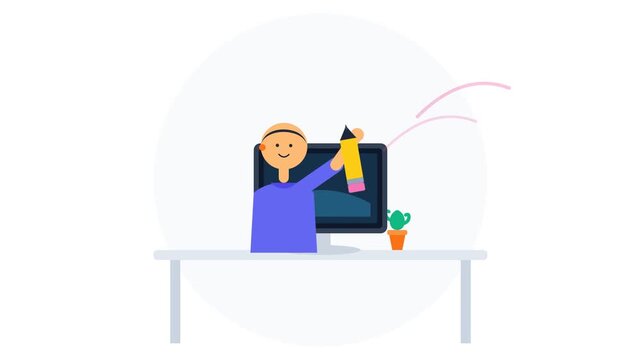 Minimalist illustration of a person using a digital pencil at a computer desk.