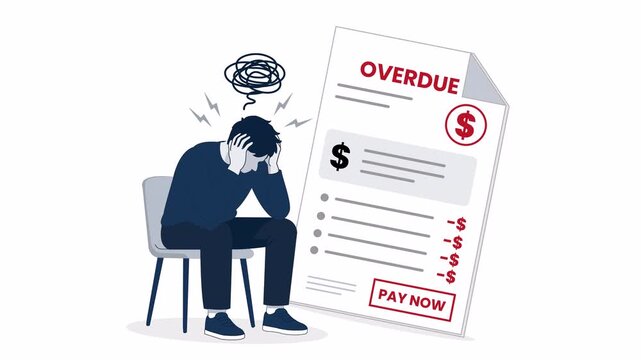 Stressed person facing an overdue bill, flat 2D vector animation element on a transparent background representing debt, payment pressure, and stress.