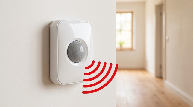 PIR motion sensor mounted on wall with red waves indicating detection, home security concept.