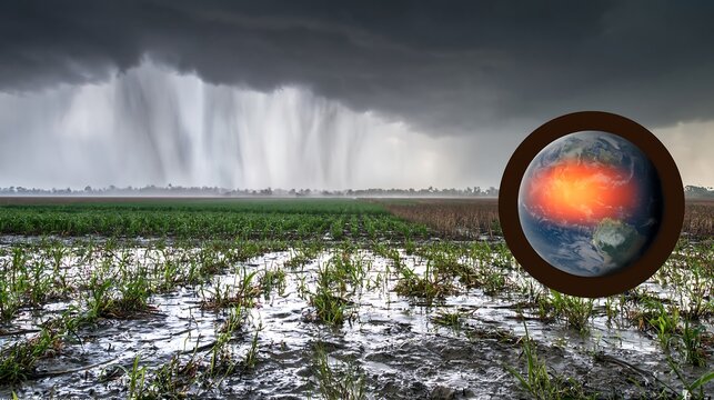 Flooded agricultural field beneath intense rain clouds with a warming Earth graphic, illustrating Super El Nino, crop damage, extreme rainfall and food security risks