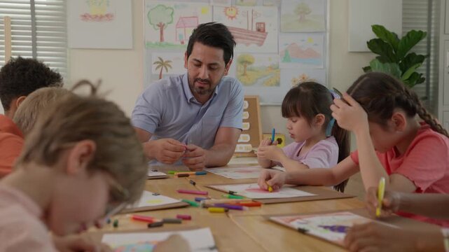Teacher Guiding Child Drawing with Colorful Pencil in Classroom Art Activity, Encouraging Teamwork, Creative Learning, Education, and Joyful Artistic Expression at Shared Table