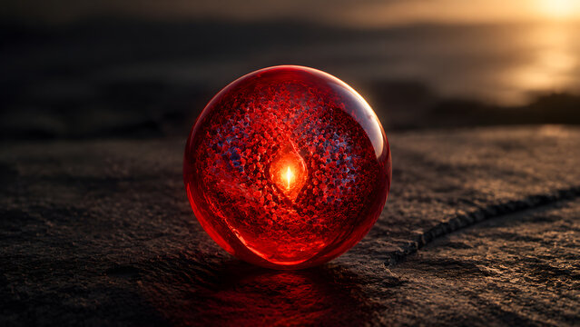 Glowing red crystal orb on dark stone surface during golden hour sunset