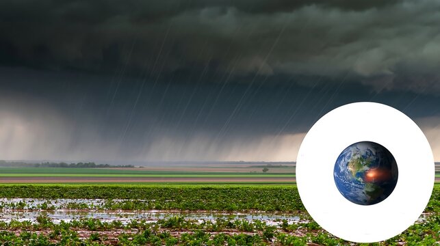 Intense rainstorm over flooded cropland with a heated Earth graphic, conceptual image for Super El Nino, extreme rainfall, crop losses, flooding and global climate risk
