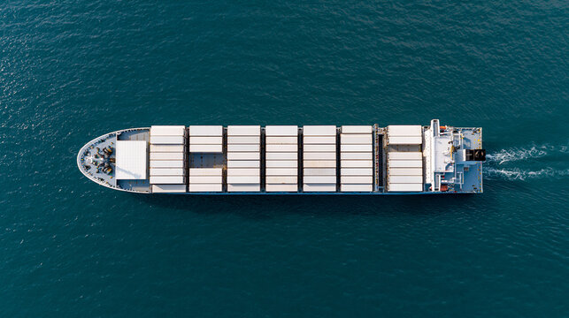 Refrigerated container ship viewed from above as it crosses calm blue water, rows of white reefer units creating a geometric pattern in bright daylight, aerial view, container ship, reefer