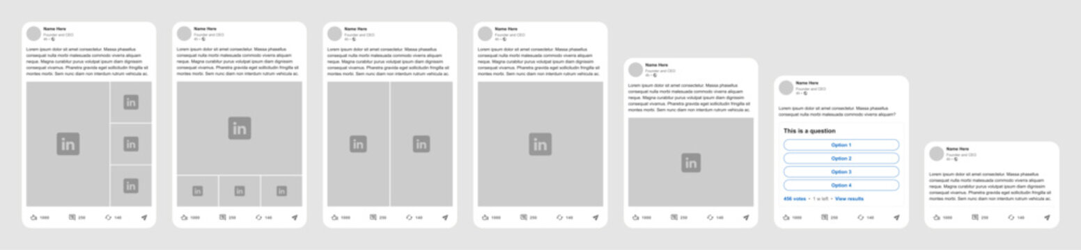 LinkedIn post template simplified, new UI update in different sizes and modes, text, poll, and image variants. rounded corners and side paddings.