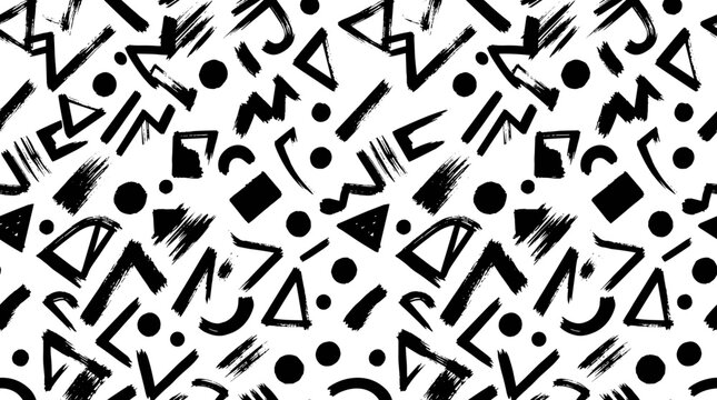 Abstract memphis style pattern with hand drawn brush strokes and shapes