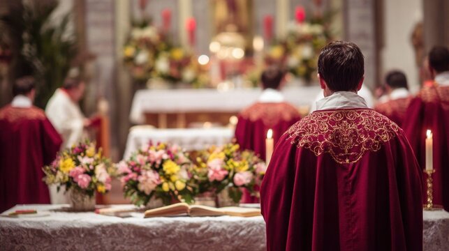 Priests in red vestments standing at the altar during a church service. Catholic mass ceremony with floral arrangements