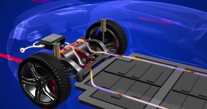 Close up 3D render of electric car powertrain with battery pack and electric motor. EV Cars Technology Related 4K 3D Animation.
