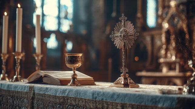 Golden monstrance and chalice on a church altar with an open Bible. Sacred vessels prepared for a Catholic religious ceremony with blurred background