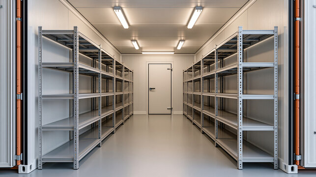 Clean refrigeration chamber built inside a shipping container with insulated walls and metal shelving along both sides, bright overhead illumination and empty storage space, reefer