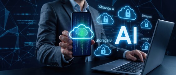 Fototapeta premium Businessman holding smartphone displaying cloud storage and ai symbols representing technology integration and data security in modern work environment