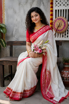 Woman in traditional white and red saree holding flowers in an elegant cultural portrait setting